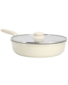Gibson Home Barnsdall 11 Inch 4 Quart Ceramic Nonstick Alimunium Saute Pan with Lid in Cream