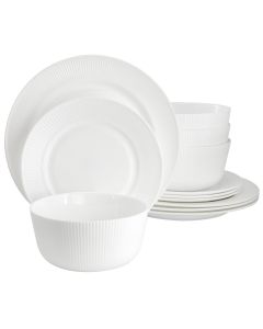 Ultra by Gibson Swanton Stripe 12 Piece Break-Resistant Opal Glass Dinnerware Set in White
