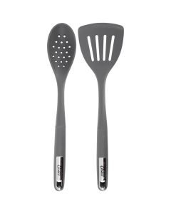 Oster Ridgecrest 2 Piece Silicone Kitchen Tool Slotted Spoon and Turner Set in Gray