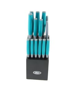 Oster Lindbergh 14 Piece Stainless Steel Cutlery Set in Teal with Wooden Block
