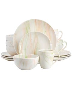 Elama Fine Marble 16 Piece Porcelain Dinnerware Set in Orange and Green