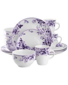 Elama Traditional Purple Rose 16 Piece Stoneware Dinnerware Set