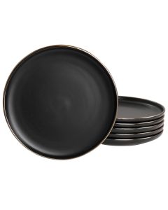 Elama Paul 6 Piece Stoneware Salad Plate Set in Matte Black with Gold Rim