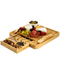 MegaChef Bamboo Charcuterie Cheese Board with Slide Out Drawer with Cheese Utensils, Bottle Opener, and 3 Piece Mini Chalkboard Set