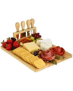 MegaChef Bamboo Charcuterie and Cheese Board with Knife Stand Attachment and 4 Piece Knife Set