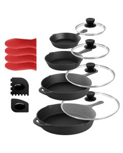 MegaChef 13 Piece Cast Iron Skillet Set with Tempered Glass Lids and Silicone Holders