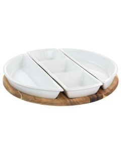 Gibson Elite Gracious Dining 4 Piece Fine Ceramic Sectional Tray Set with Acacia Wood Base