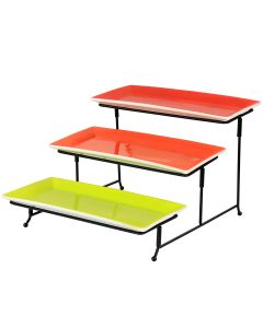 Gibson Home Crenshaw Hand Painted Stoneware 3-Tier Serving Set with Metal Rack in Multicolor