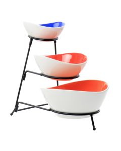 Gibson Home Crenshaw 4 Piece Hand Painted Stoneware 3-Tier Serving Bowl Set with Metal Rack
