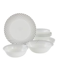 Ultra by Gibson Cane Peak 12 Piece Opal Glass Dinnerware Set in White With Grey Accents